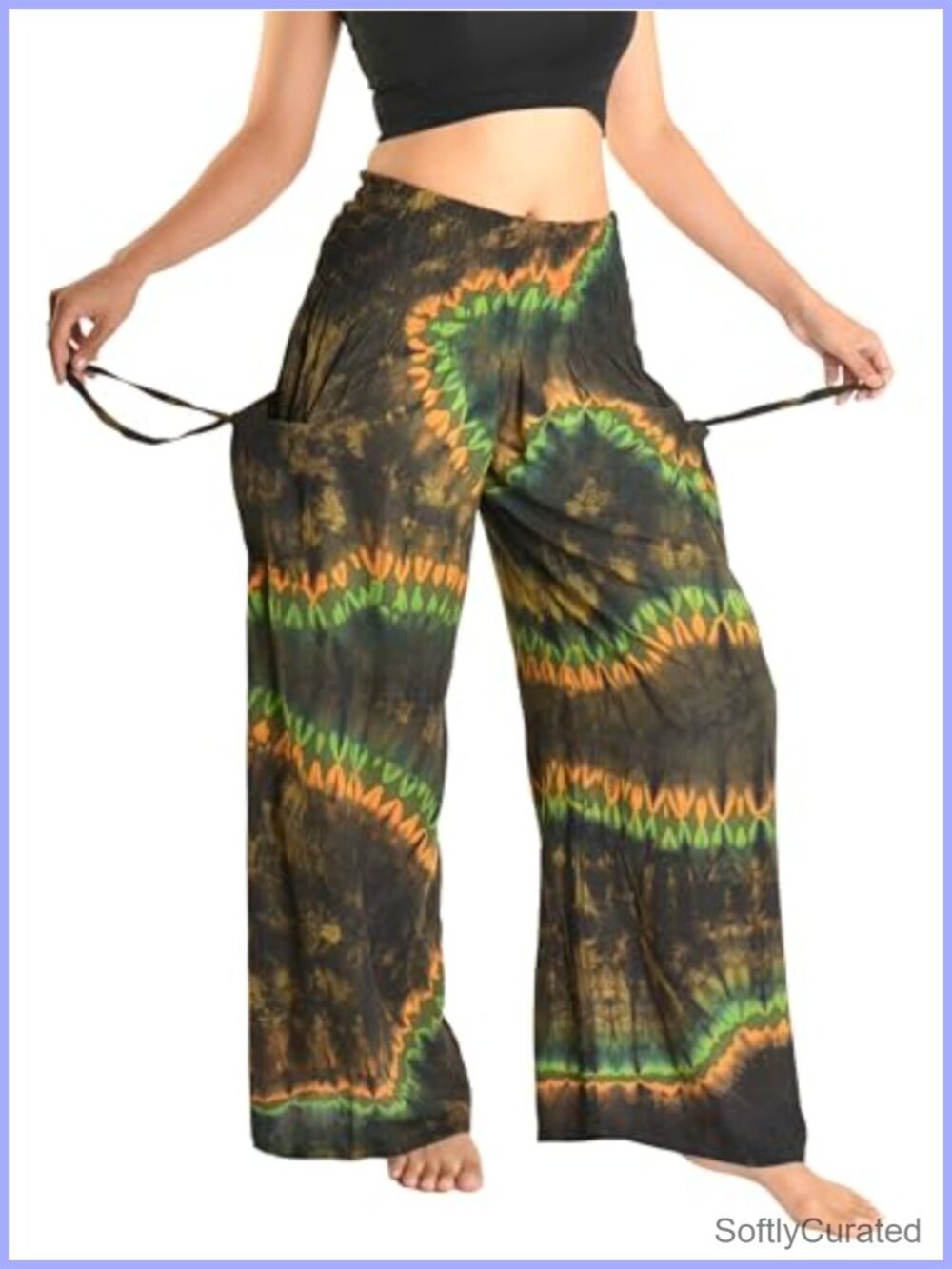 Wide Leg Palazzo Yoga Pants Smocked Foldover Waist Cargo Pockets Tie Dye